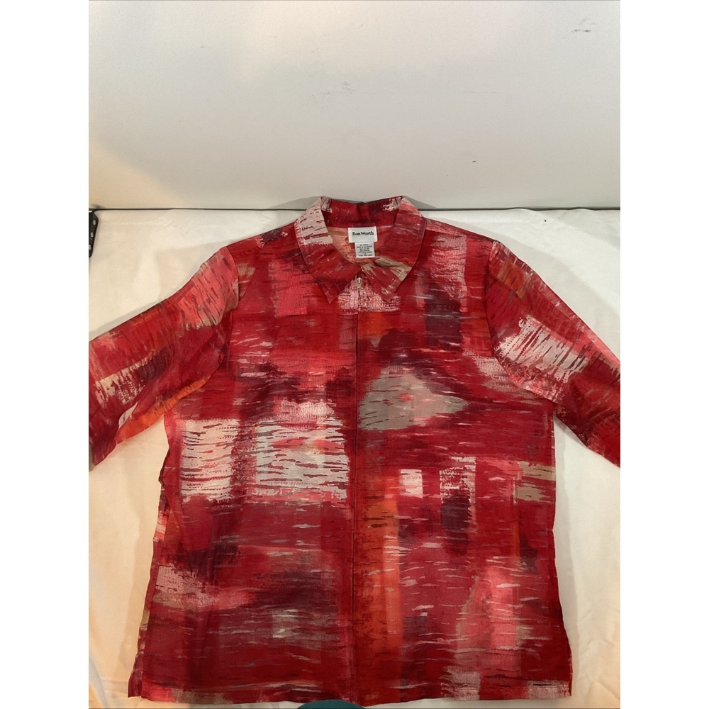Bon Worth Pink Red‎ Block Print Short Sleeve Zipper Jacket Size XL. F28